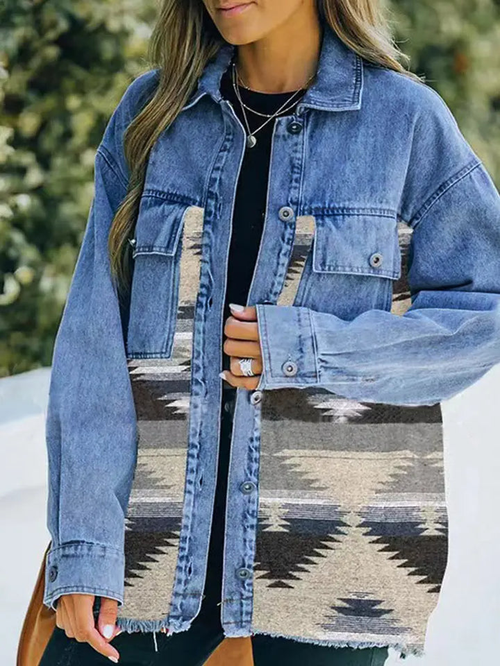 Boho Geometric Patchwork Denim Wool Coat