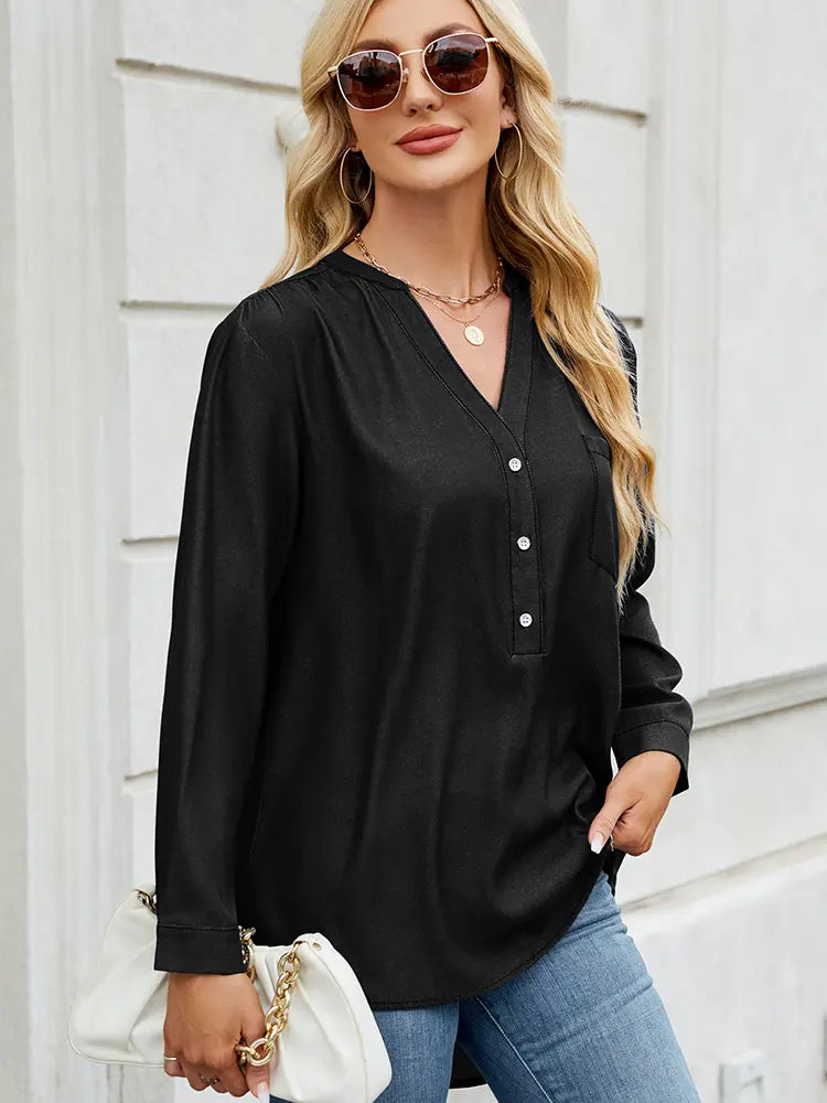 Chic Button-Down V-Neck Denim-Look Blouse