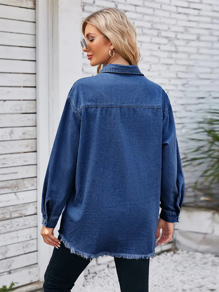 Frayed Hem Washed Denim Shirt