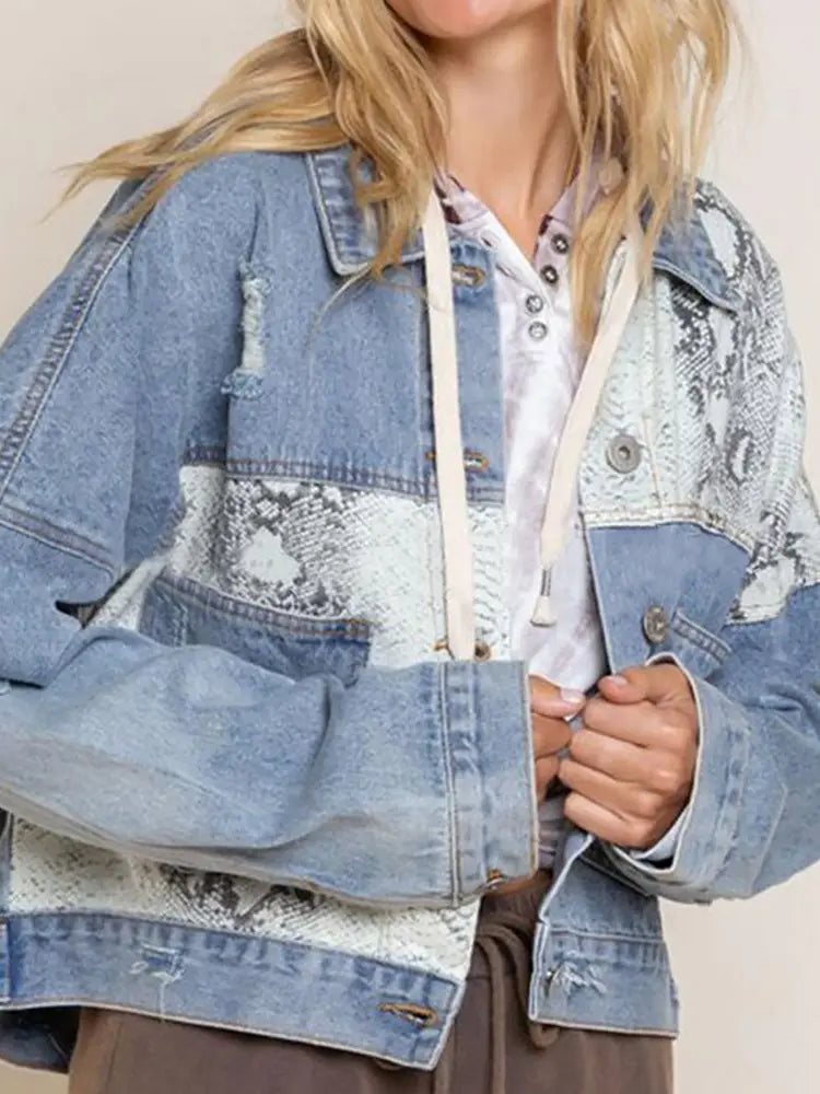 Animal Print Patchwork Denim Jacket