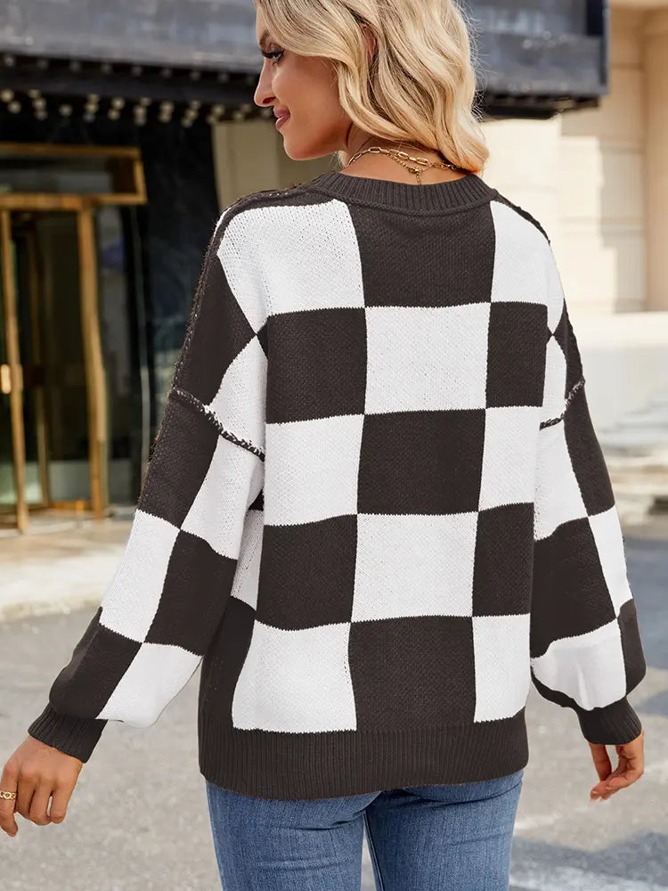 Plaid Color-Block Pullover Sweater