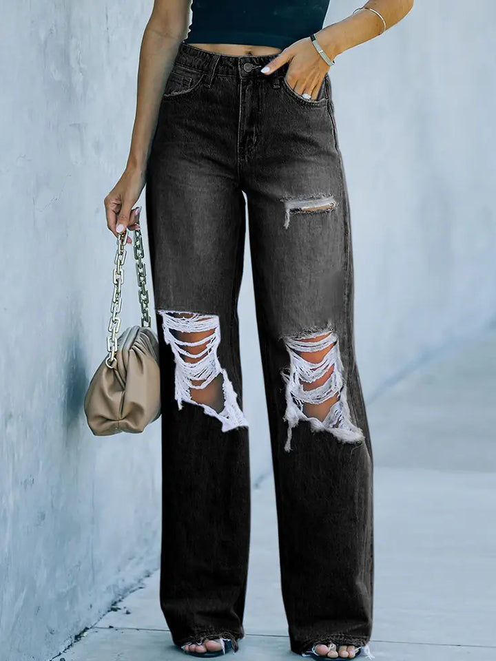 Distressed Washed Wide-Leg Street Denim Pants