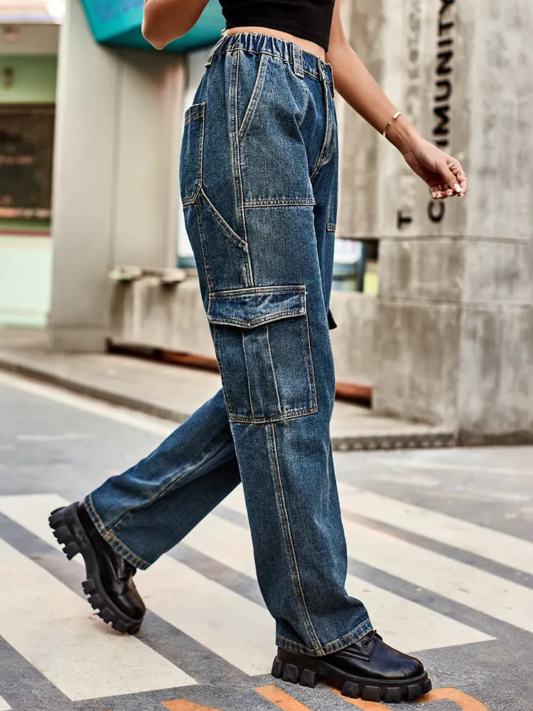 Retro Wash Elastic Waist Denim Utility Pants