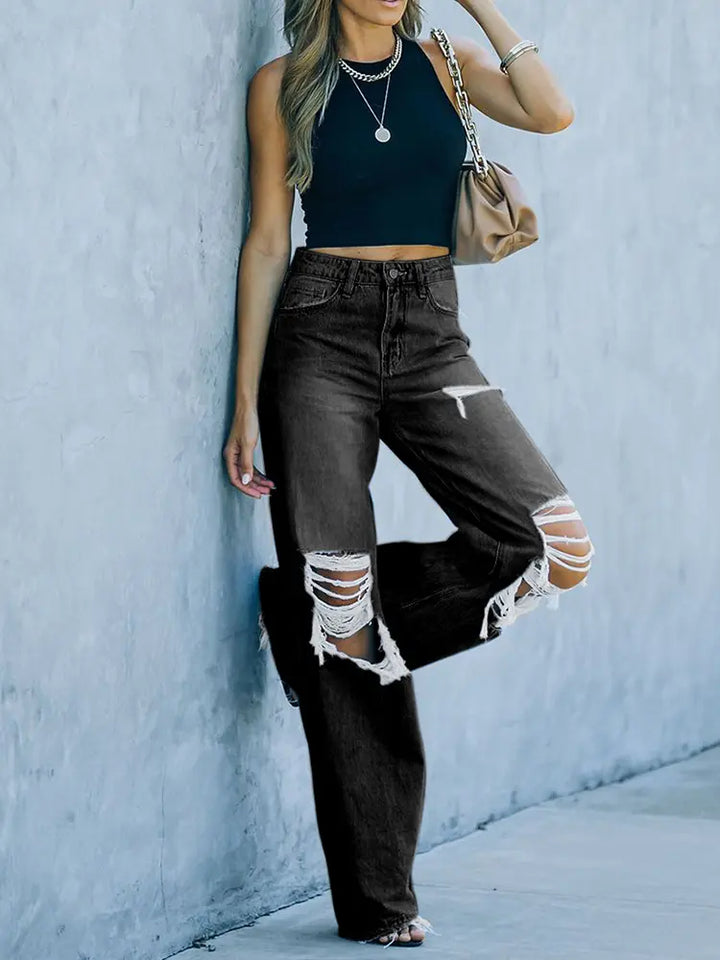 Distressed Washed Wide-Leg Street Denim Pants