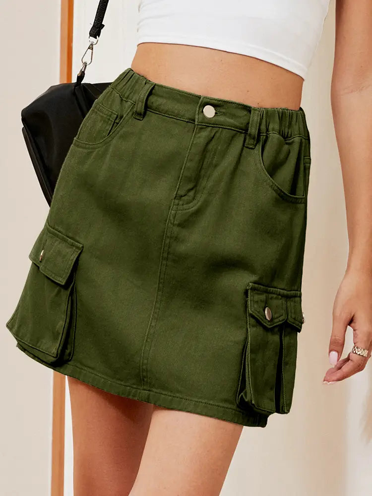 Washed Multi-Pocket Denim Cargo Skirt