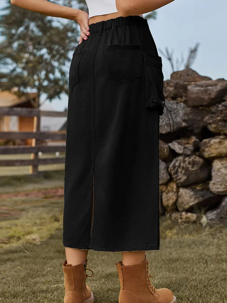 Vintage-Inspired Denim Cargo Midi Skirt