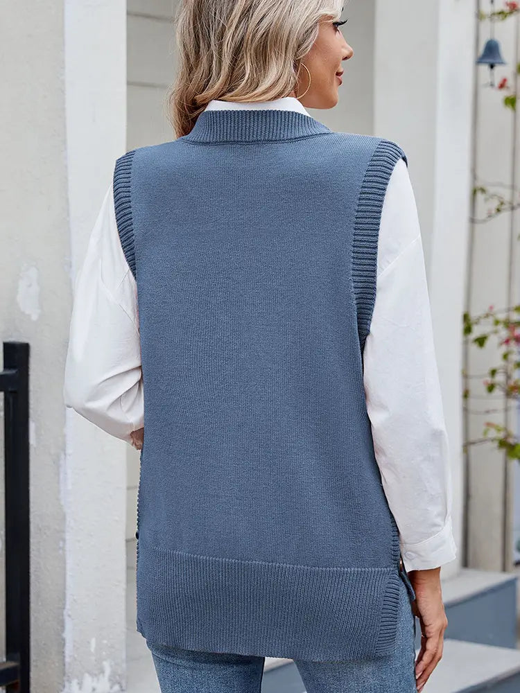 Casual Versatile Solid Button Slit Knit Sweater