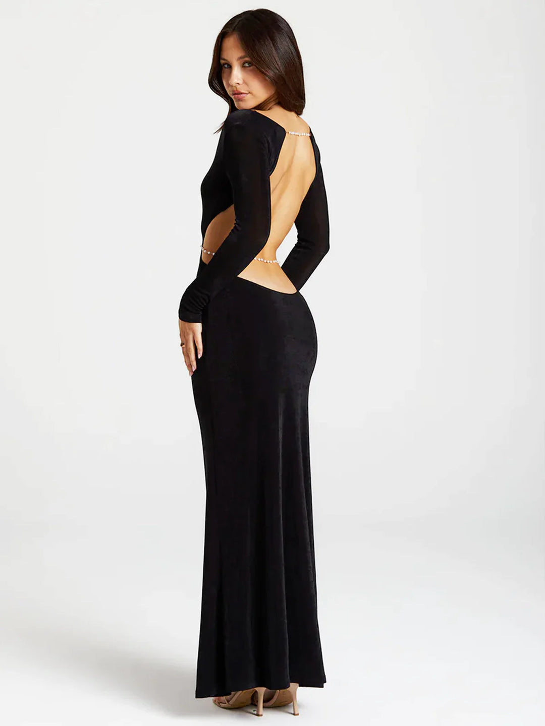 Pearl Chain Backless Fitted Maxi Dress