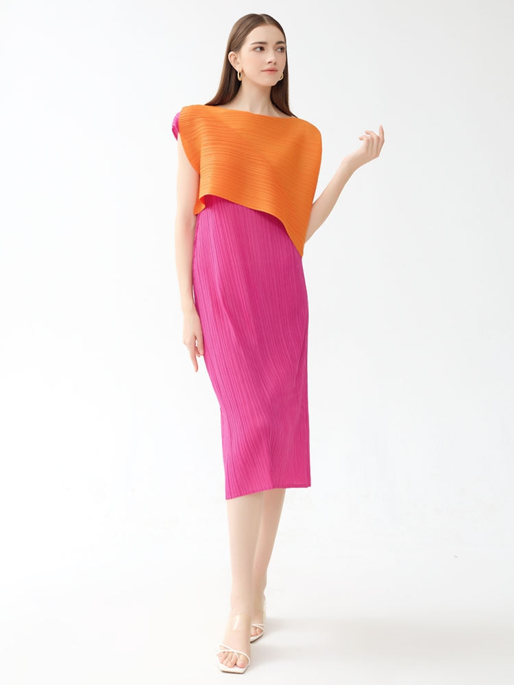 Round Neck Pleated Color Block Midi Dress