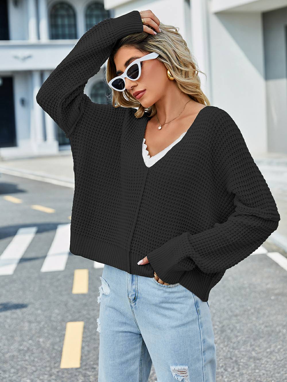 V-Neck Solid Color Off-Shoulder Knit Sweater