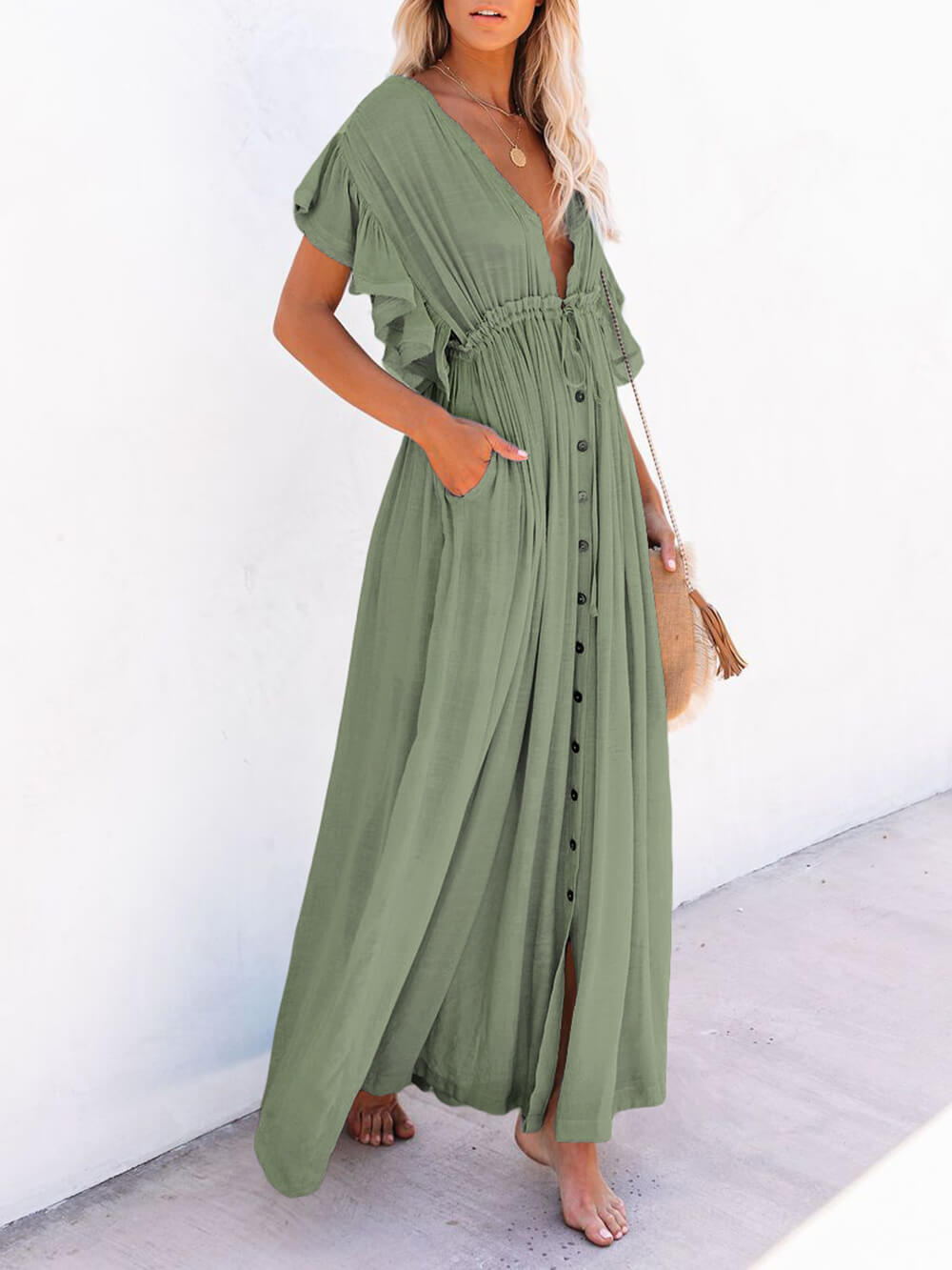 Button Cotton Linen Perfect Beach Boho Maxi Dress