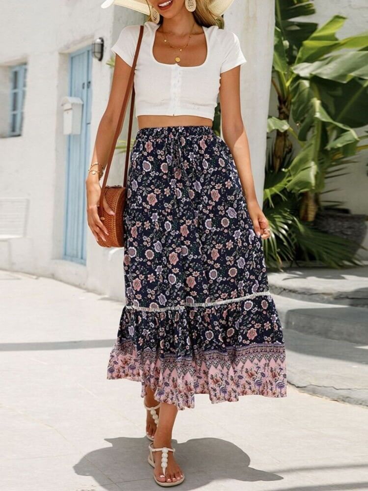 Midnight Meadows Floral Tiered Skirt