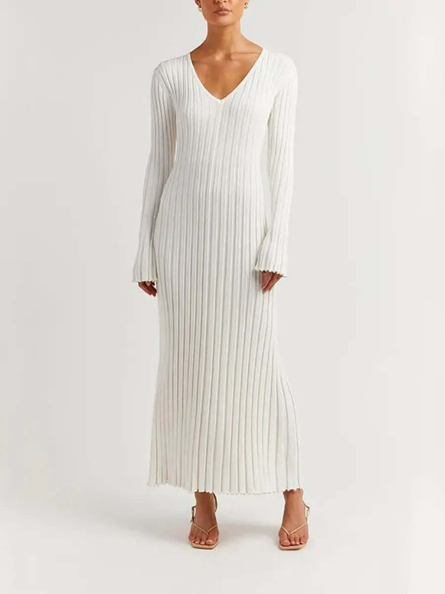 V Neck Flounce Sleeve Pit Strip Knitting Maxi Dress