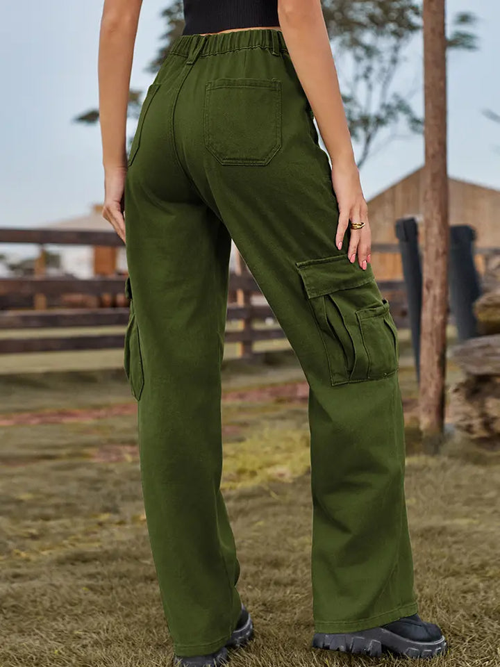 American Style Elastic-Waist Denim Cargo Pants