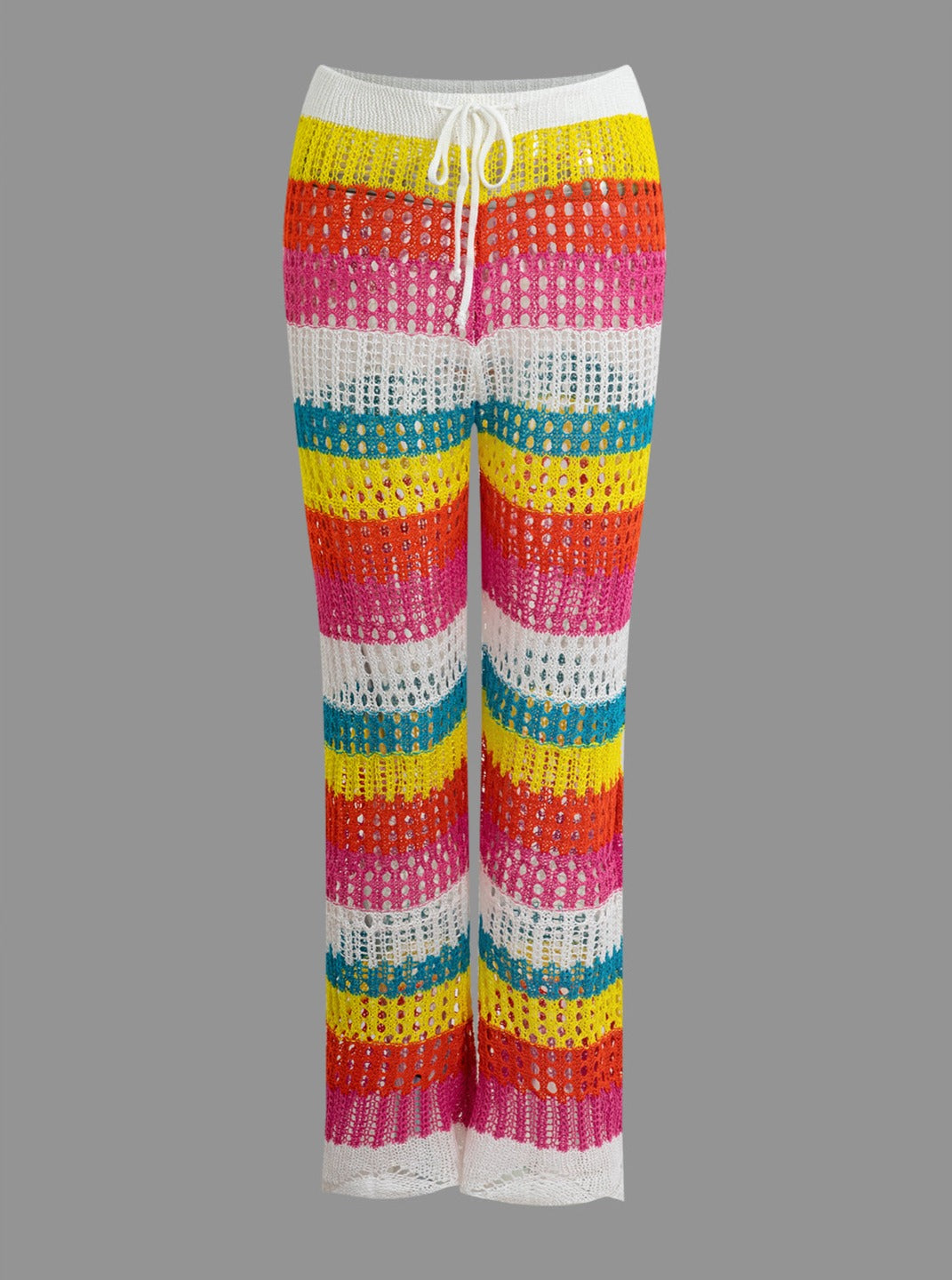 Color Block Crochet Hollow Out Drawstring Knit Pants