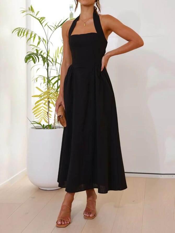 Halter Neck Waist Little Black Dress Mid Length Dress