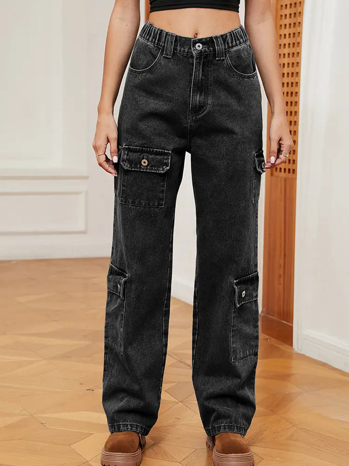 Washed Semi-Elastic Design Denim Cargo Pants