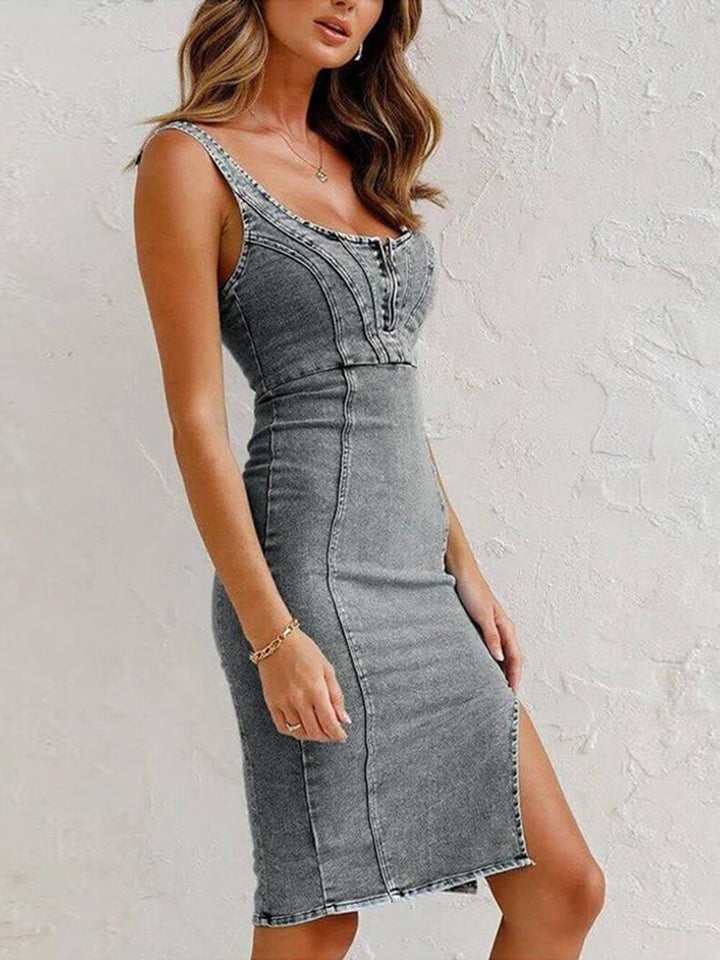 This Seasons Staple Denim Adjustable Straps Zip-up Firm Stretch Midi Dress