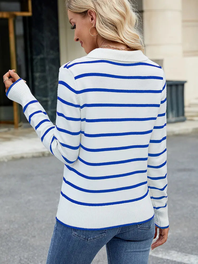 Striped Knit Collared Pullover Sweater