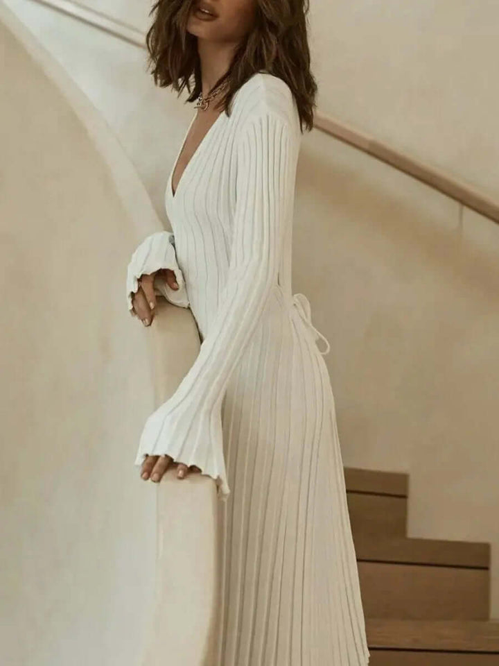 V Neck Flounce Sleeve Pit Strip Knitting Maxi Dress