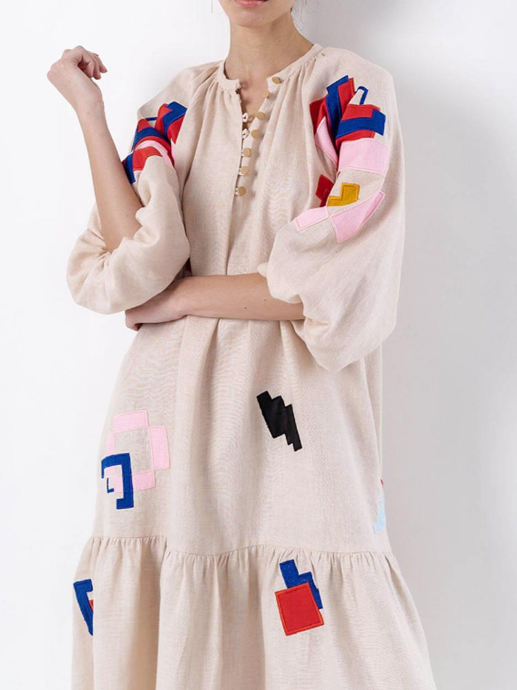 Loose Fit Printed Lantern Sleeve Casual Dress