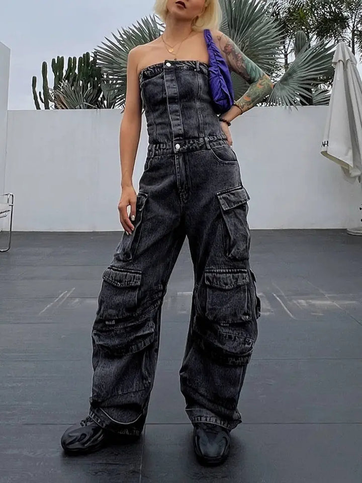 Street Style Strapless Denim Jumpsuit