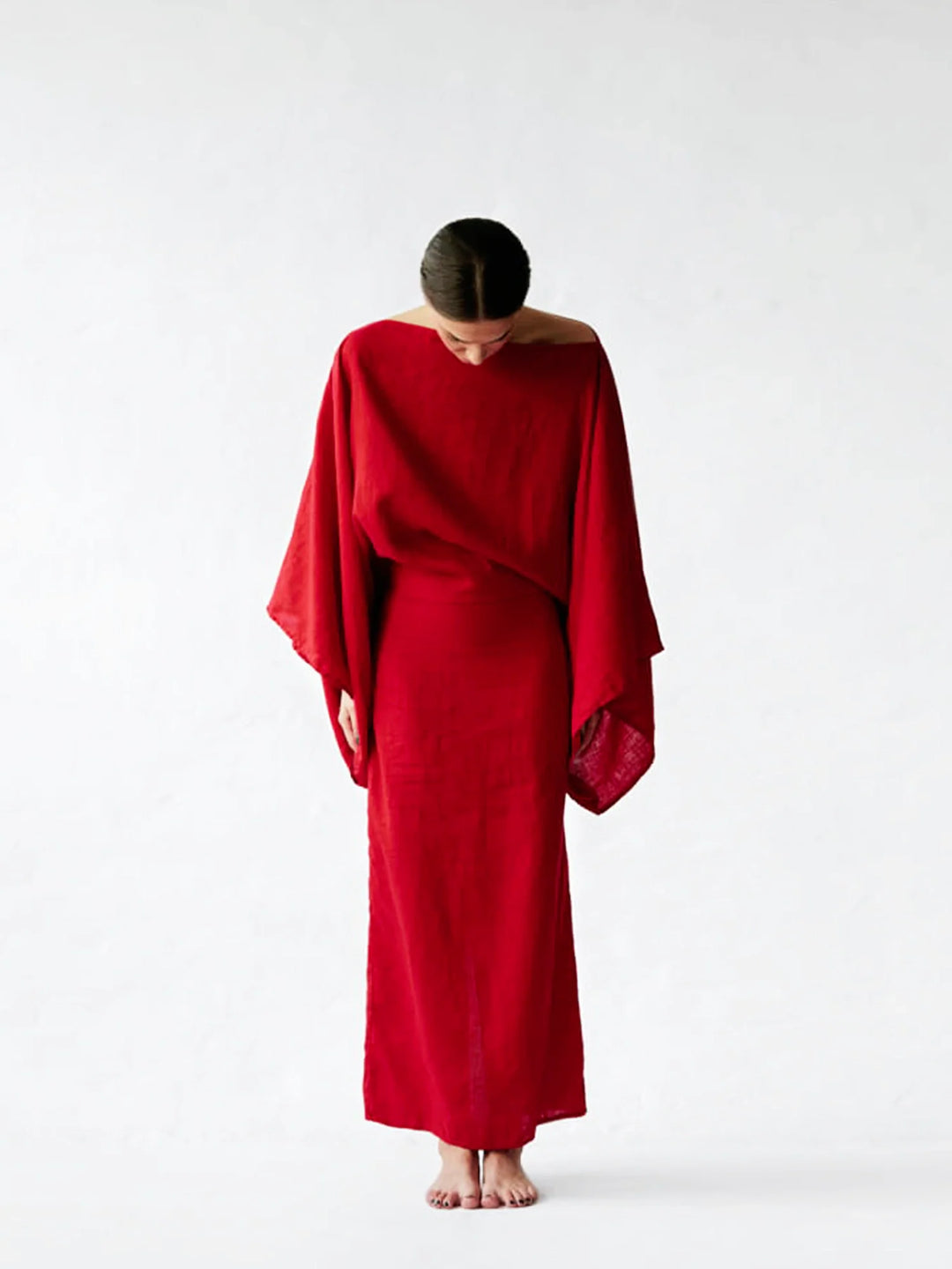 Crimson Linen Breeze Kimono Dress