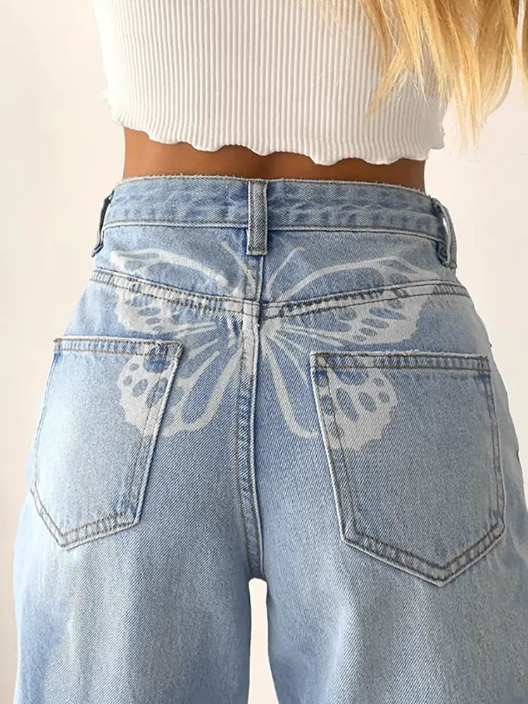 High-Waisted Printed Denim Pants