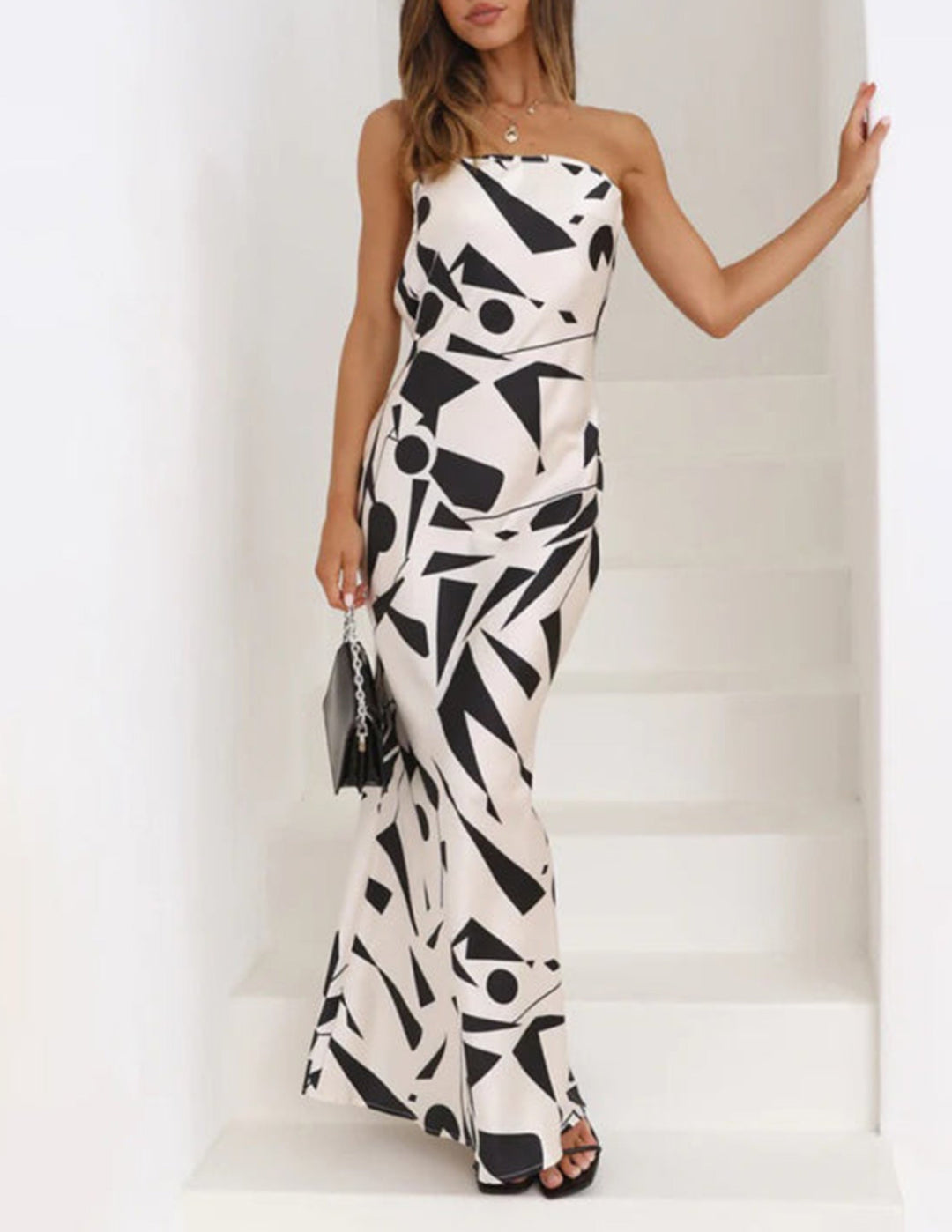 Satin Geometric Print Off Shoulder Maxi Dress