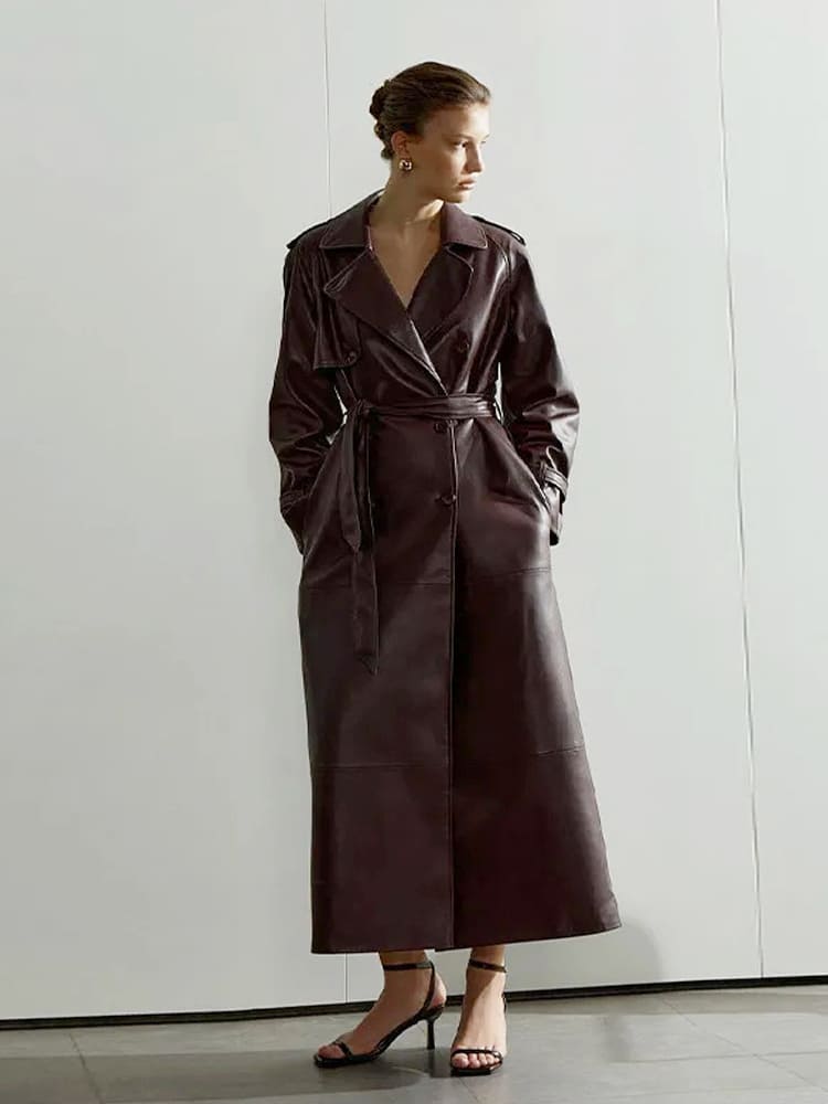 Lapel PU Leather Trench Coat with Belted Waist