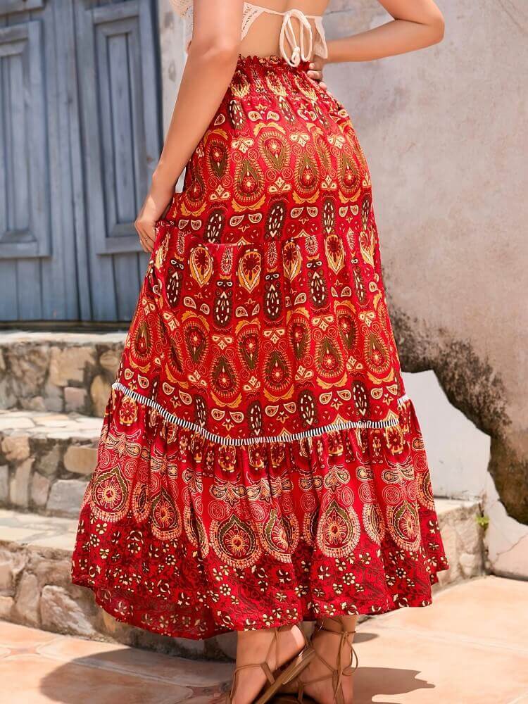 Bohemian Shirred High Waist Skirt In Red