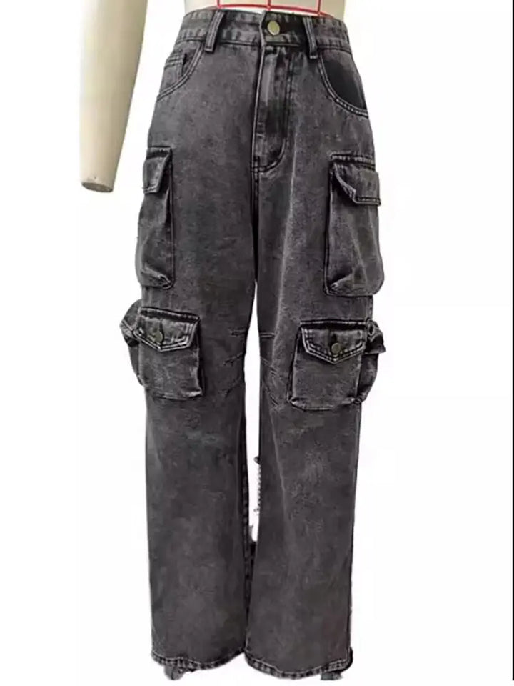 High-Waisted Cargo Jeans Trousers