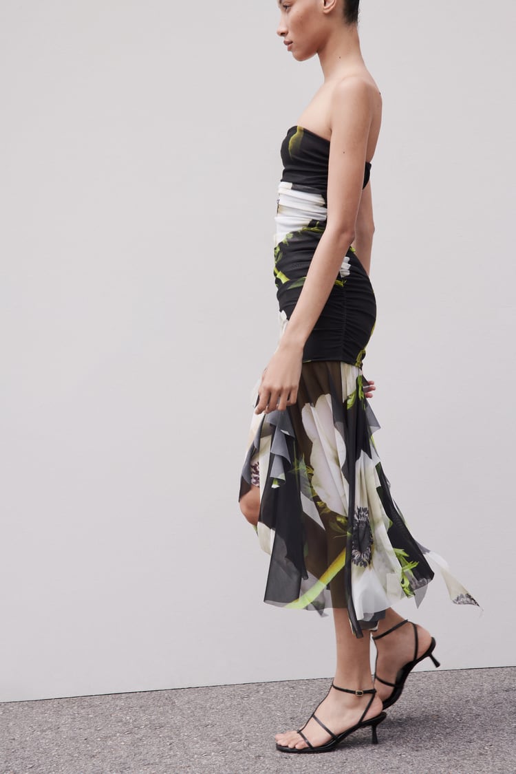 Gardenia Floral Mesh Pleat Tube Midi Dress