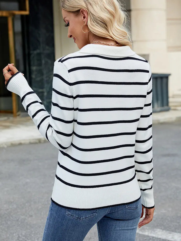 Striped Knit Collared Pullover Sweater