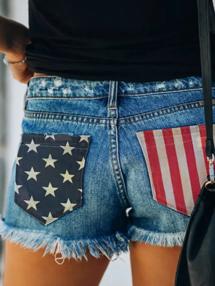 Flag Print Button Distressed Shorts