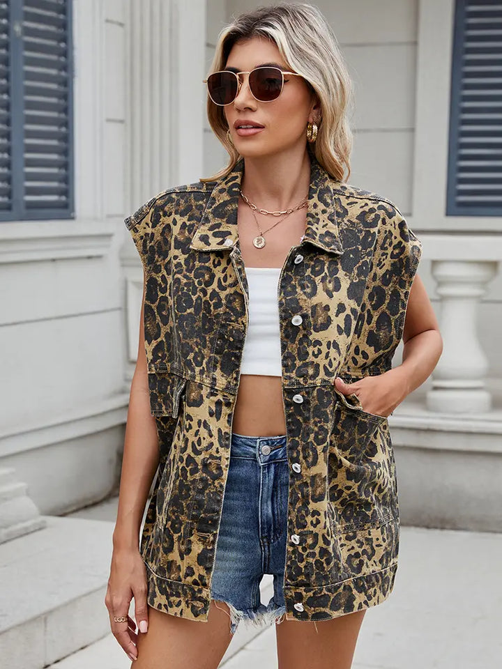 Loose-Fit Leopard Print Denim Vest