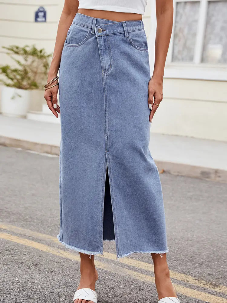 Washed Asymmetrical Denim Split Skirt