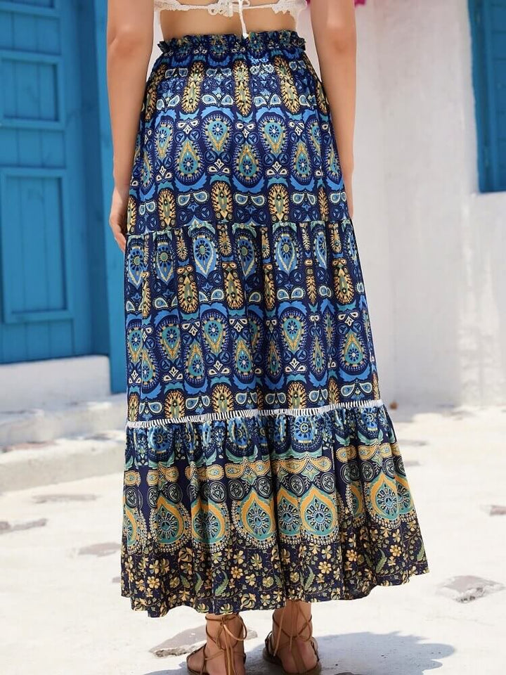 Bohemian Shirred High Waist Skirt In Blue