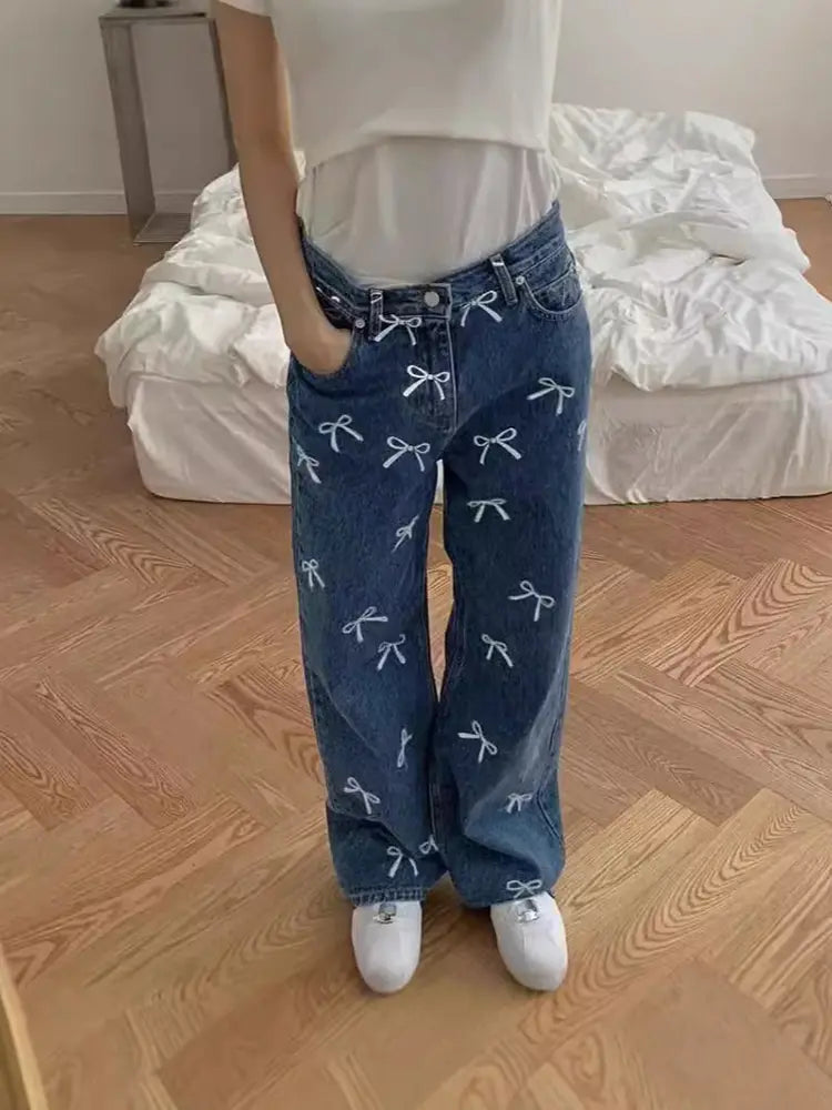 Bow Print Denim Pants