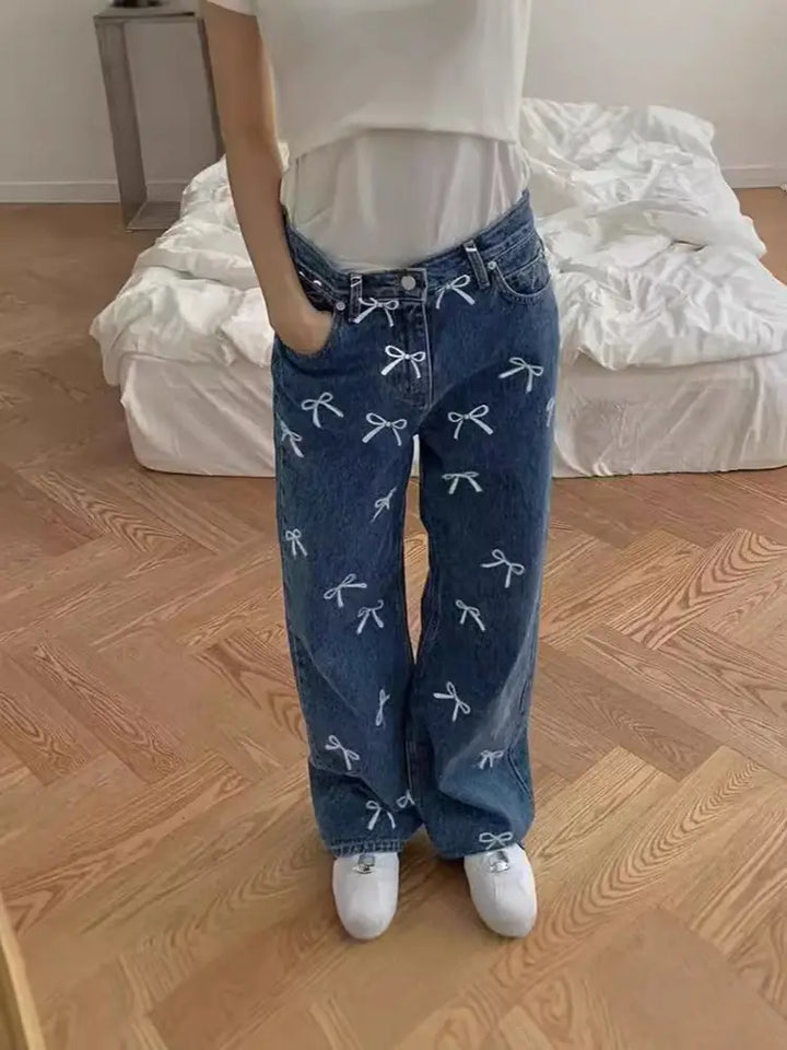 Bow Print Denim Pants