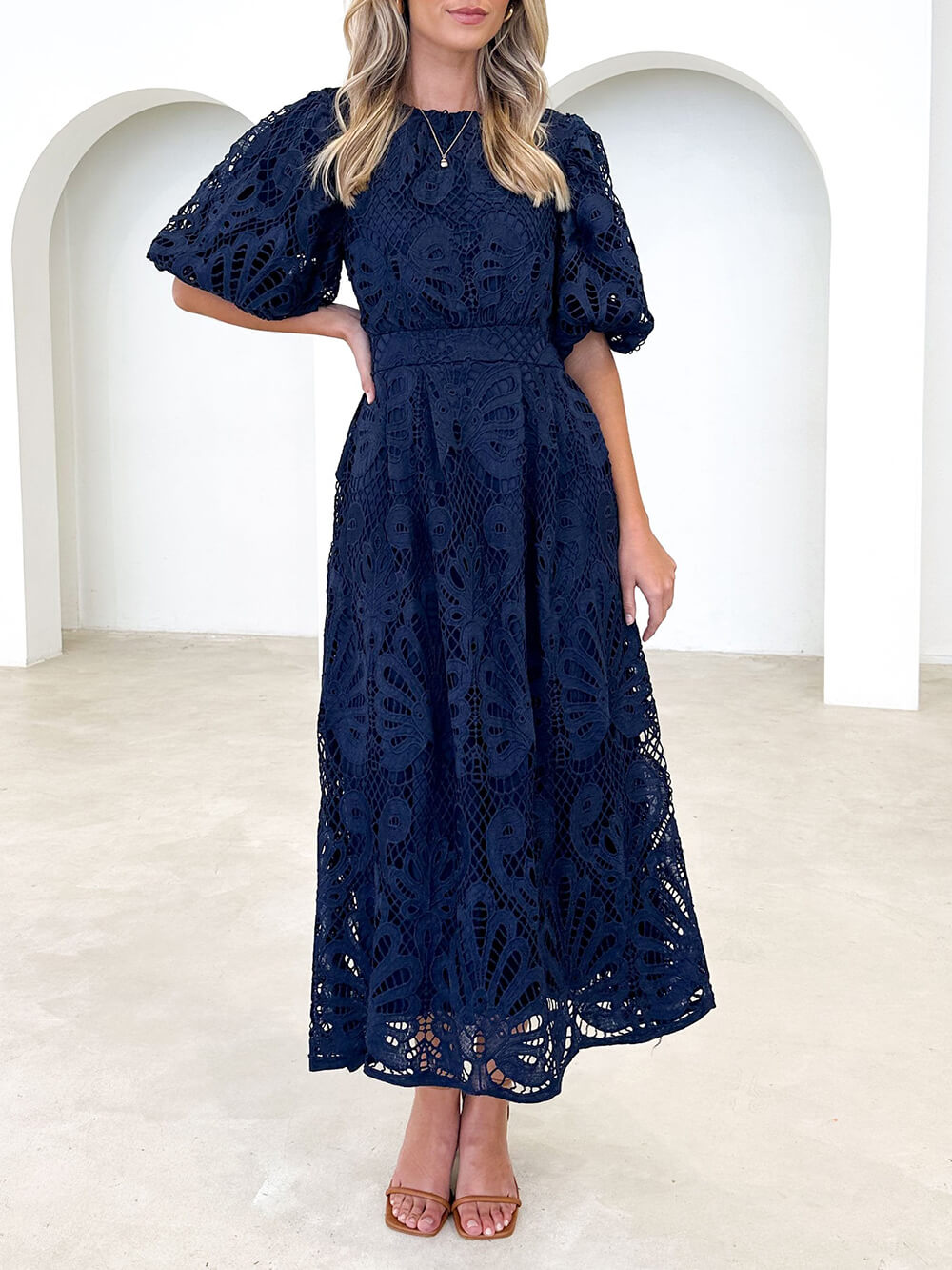 Puff Sleeve Lace Midi Dress