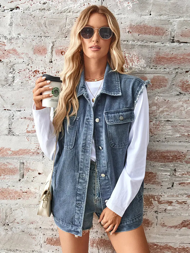 Washed Denim Sleeveless Cardigan