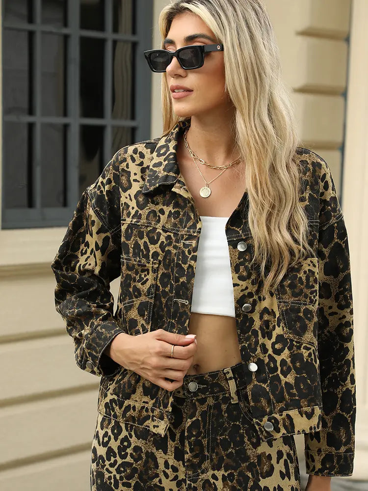 Fashion Leopard Print Denim Jacket Set