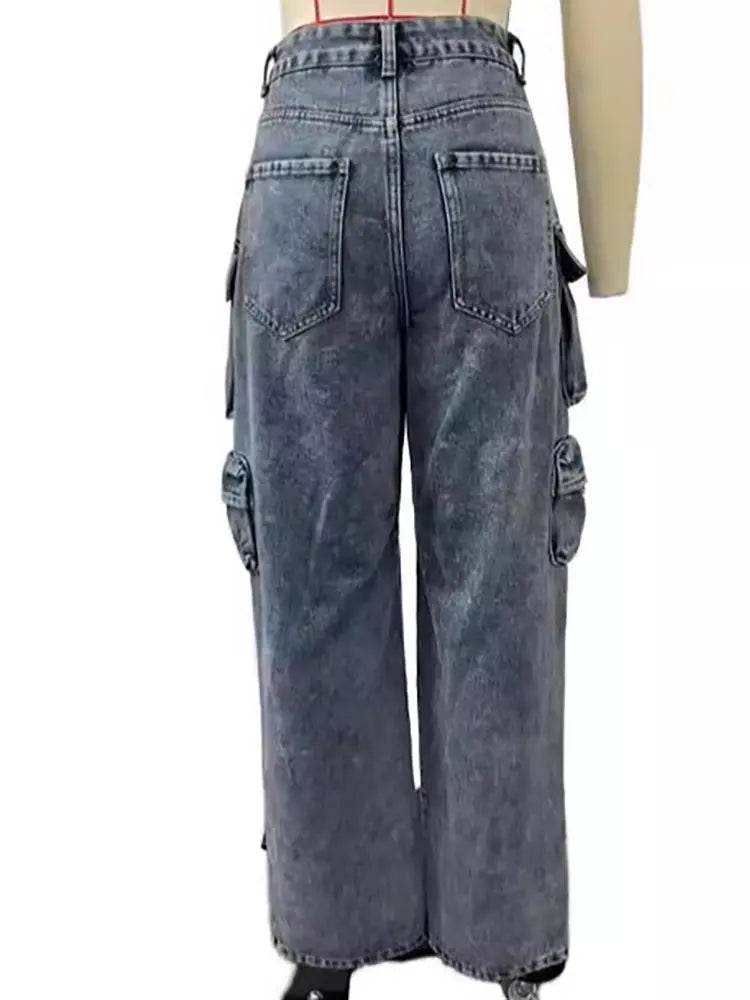 High-Waisted Cargo Jeans Trousers