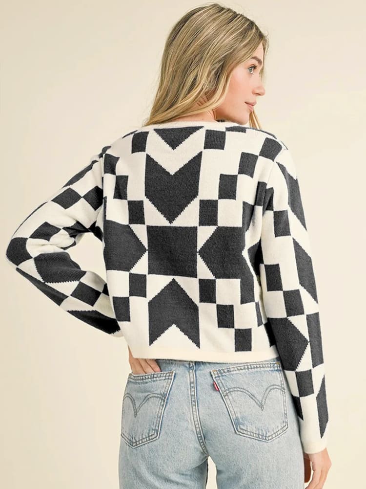 Geometric Print Lace-Up Cardigan Sweater