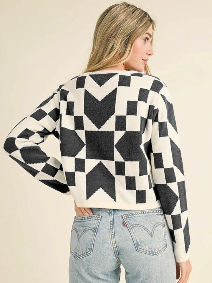 Geometric Print Lace-Up Cardigan Sweater