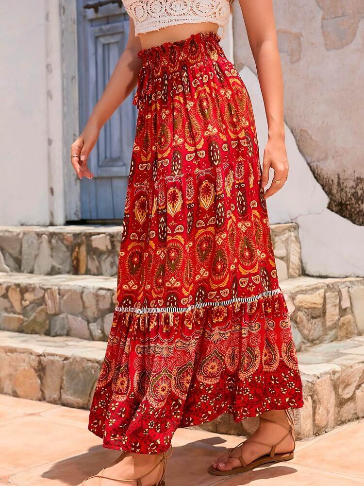 Bohemian Shirred High Waist Skirt In Red