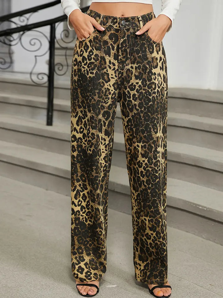 Fall Leopard Print Straight-Leg Jeans