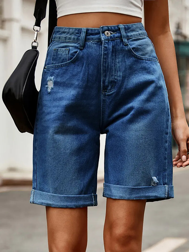 Distressed Cuffed Denim Bermuda Shorts