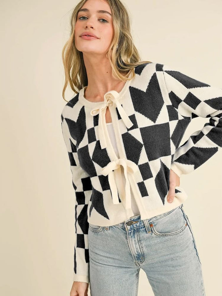 Geometric Print Lace-Up Cardigan Sweater